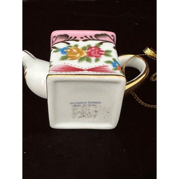 Victoria’s Garden porcelain mini teapot handpainted ornament, gold accents 3” T - Picture 3 of 6